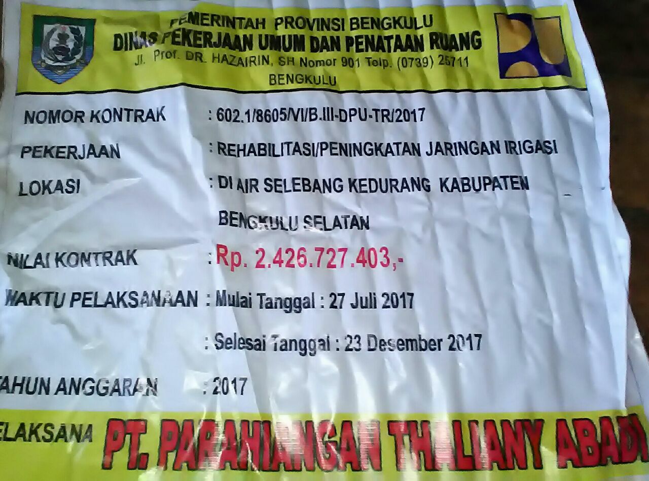 Genta Keadilan Minta Polda Usut Proyek Irigasi Air Selebang